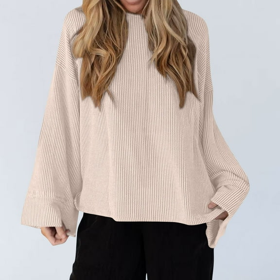 EchfiProm Ribbed Tops for Women Bell Sleeve Pullover Fall Long Sleeve Beige Crew Neck Solid Ladies Sweater