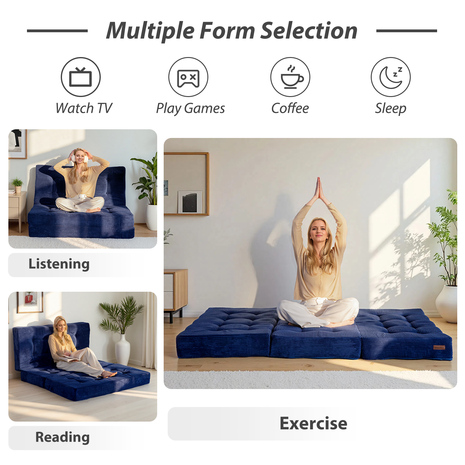 BYBYME 6 inch Tri-Fold Mattress,Corduroy Folding Mattress Made of a Whole Foam,Memory Foam Mattress Topper Perfect for Sleeping,Camping,Twin,Navy