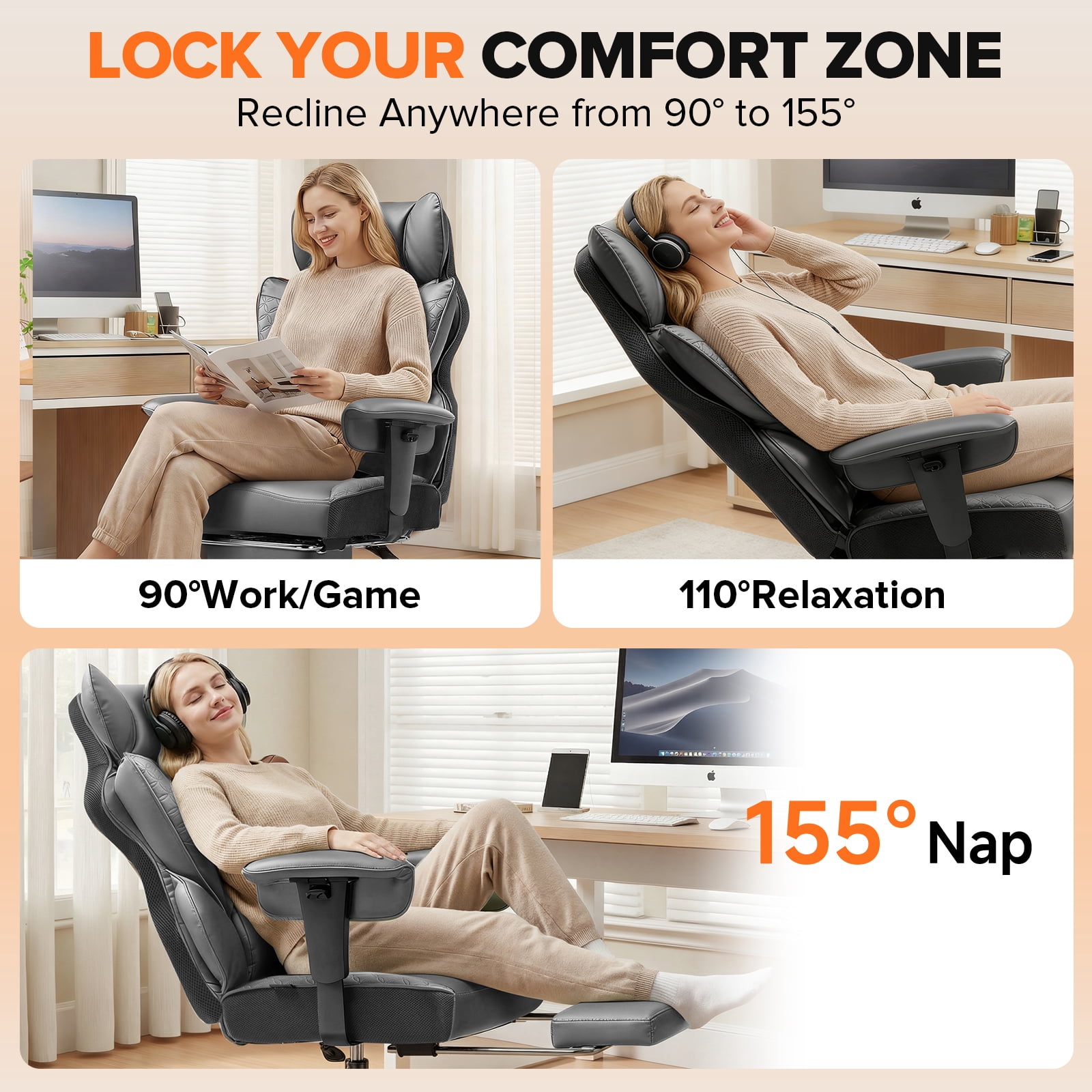 CloudRest Pro 400lbs Executive heavy duty office chair, High Back Ergonomic Computer Desk Chairwith Lumbar Back Support, Gray