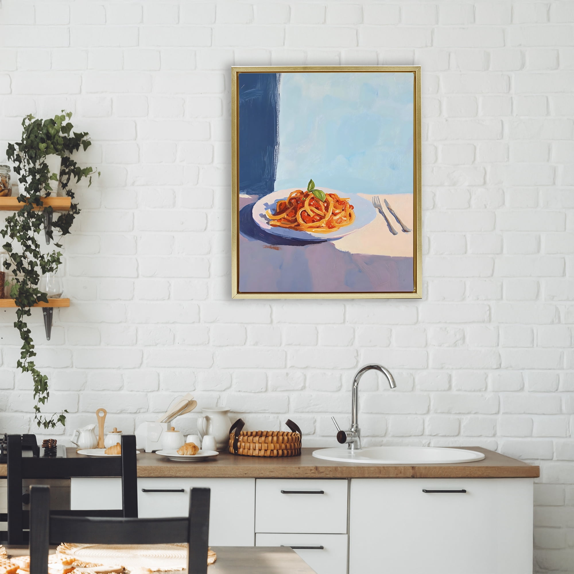 Stupell Industries Italian Spaghetti on Plate Gold Framed Floater Canvas Wall Art, design by The Prints Vibe