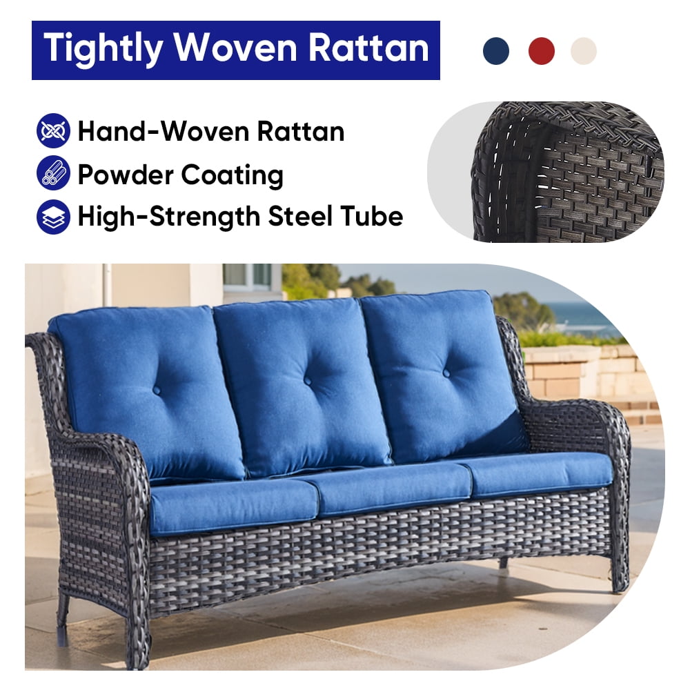 POCASSY 7-Piece Wicker Patio Furniture Set with Sofa, Swivel Chairs, and Tables, Gray/Blue