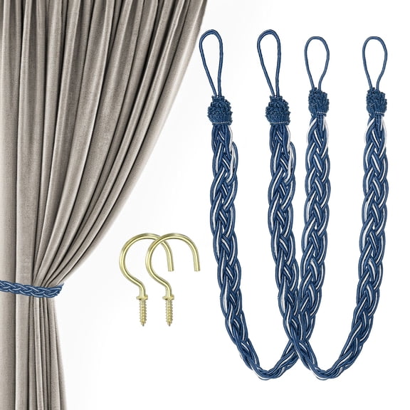 23inch Curtain Tiebacks, 2 Pack Curtain Tie Backs Handmade Braided Drapery Tiebacks Lovely Cute Versatile Holdback Rope with Hook for Curtains Drapes Wall Window, Dark Blue