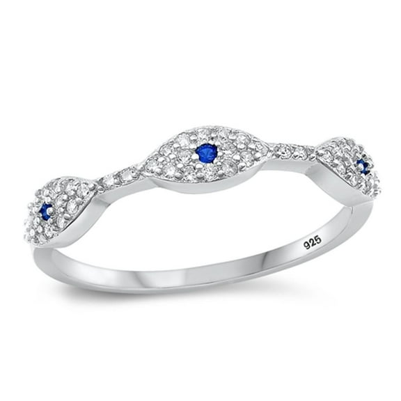 Blue Simulated Sapphire Evil Eye Ring .925 Sterling Silver Band Cubic Zirconia Jewelry Female Size 4