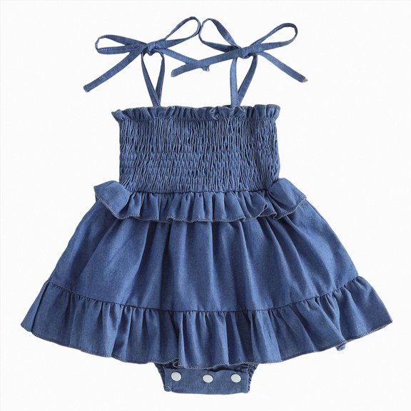 Baby Onesies Girl Girl Denim Romper Dress Newborn Baby Summer Outfits Sleeveless Tie Up Shoulder Smocked Ruffle Bodysuit