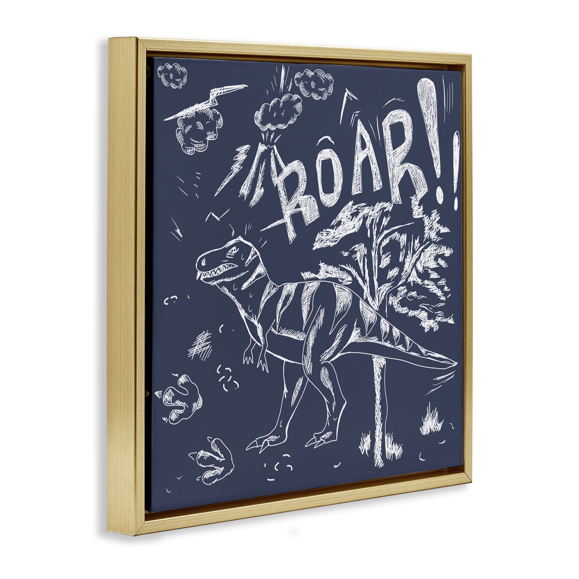 Sketchy Roar Dinosaur Gold Framed Floater Canvas Wall Art, design by HUE and MI and Sangita