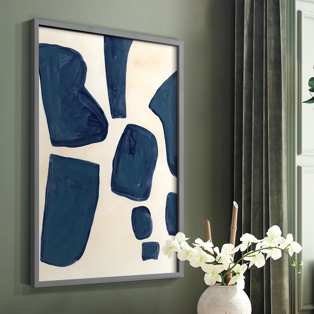Blue Pieces I Framed Print in Gray Solid Wood Framed Print No Nail Hanging