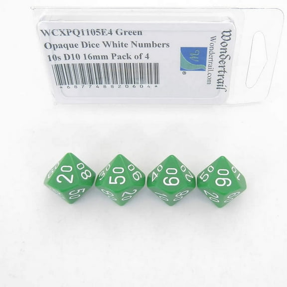 Green Opaque Dice with White Numbers 10s D10 Aprox 16mm (5/8in) Pack of 4 Wondertrail
