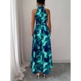 thumbnail image 2 of Teal Blue Floral Halter Neck Maxi Dress With Tie Waist For Elegant Commute Or Vacation, 2 of 7