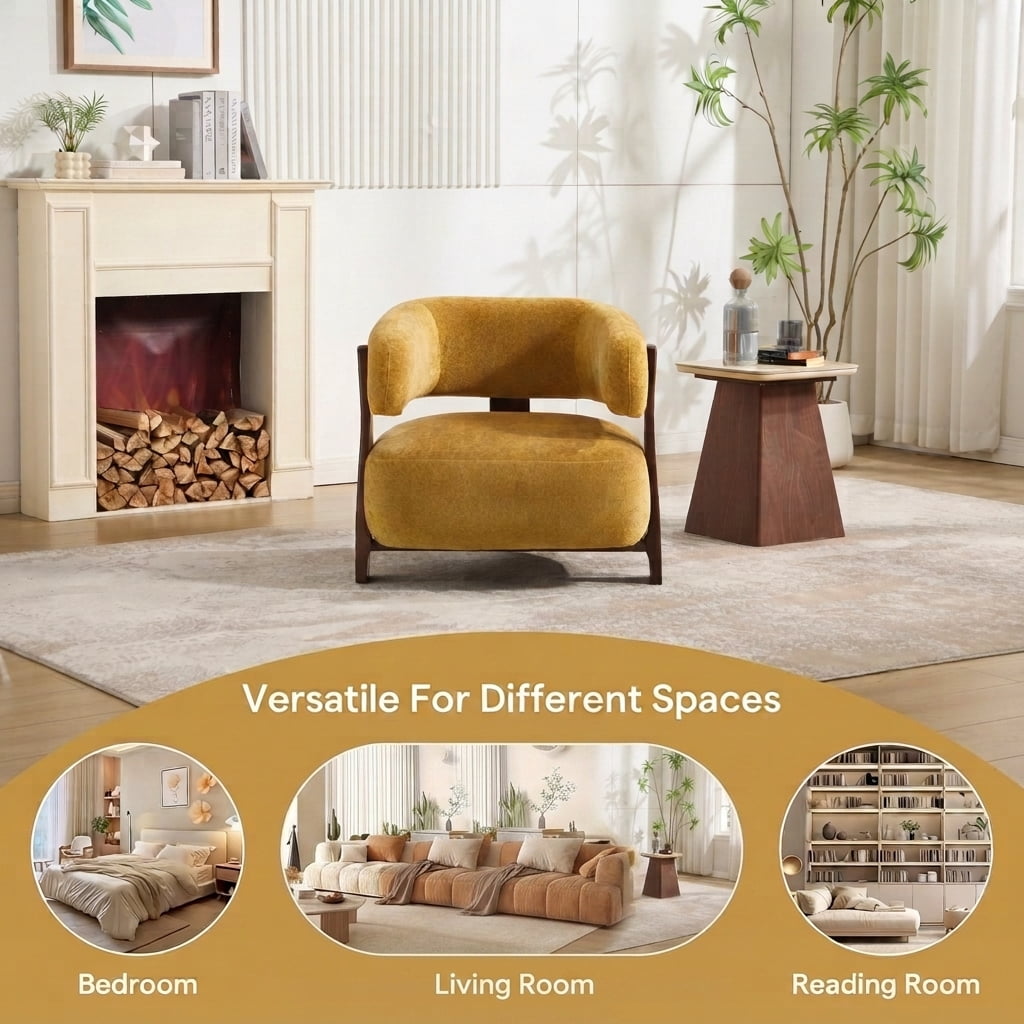 MOONMISS Boucle Accent Chair with Solid Wood Frame, Curved Arm Barrel Chair for Living Room, Bedroom & Office,Yellow