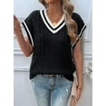 thumbnail image 3 of Oversized Sweater Vest for Women V Neck Cap Sleeve Cable Knit Vest Loose Striped Pullover Tank Tops Black XL, 3 of 7