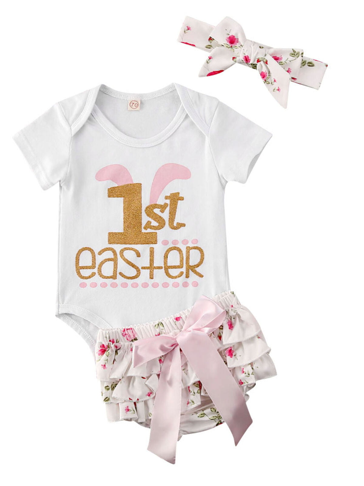 FYMNSI Newborn Baby Girl 1st Easter Outfit Infant Toddler Kids My First Easter Party Costume Princess Tutu Romper Dress Bunny Egg Print Short Sleeve Bodysuit Headband Shoes 3pcs Clothes Set Photo Prop 
