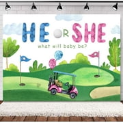 Golf Gender Reveal Backdrop He or She Baby Shower What Will Baby Be Cartoon Sports Watercolor Blue Sky White Clouds Grass Decorations Photography Background Banner Photo Booth Studio