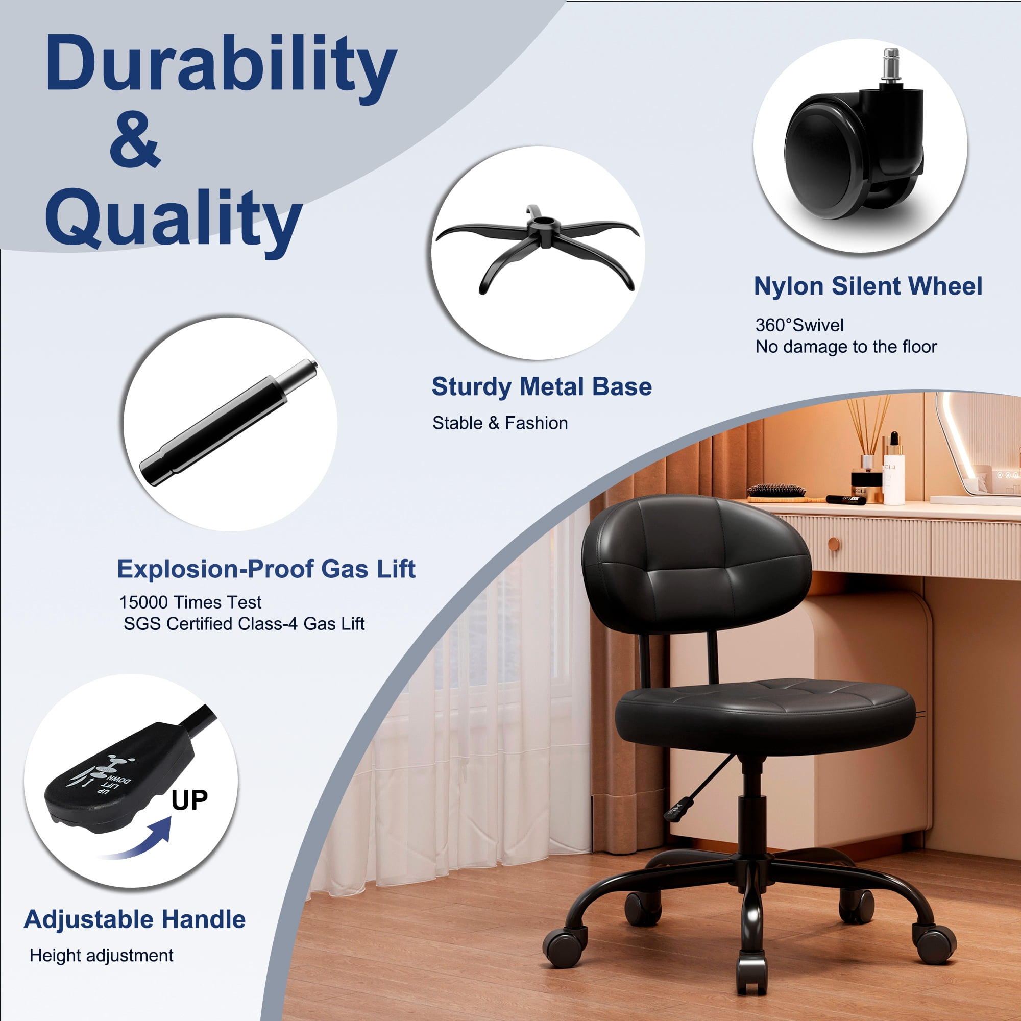 Misolant Vanity Chair with back, Small Armless Cute office Chair with wheels and Lumbar support, Comfy PU Leather Desk Computer Chairs with Adjustable Height, 360°Swivel for Home Bedroom Office