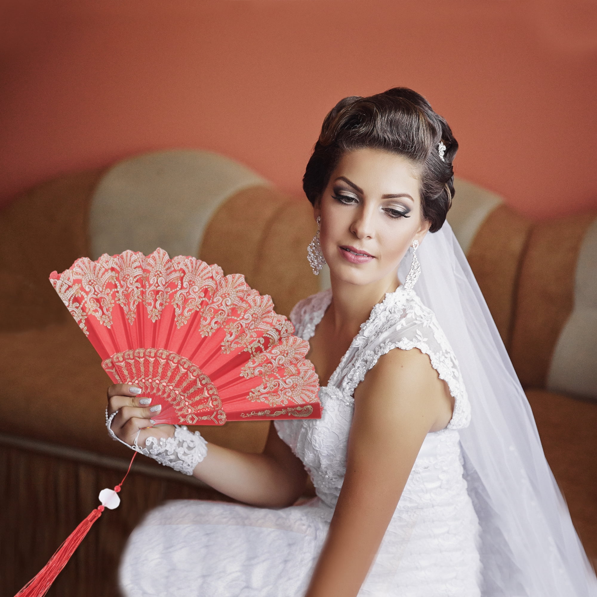 Unique Bargains Lucky Cloud Pattern Folding Fan 1 Pc for Summer Events Decorations Red