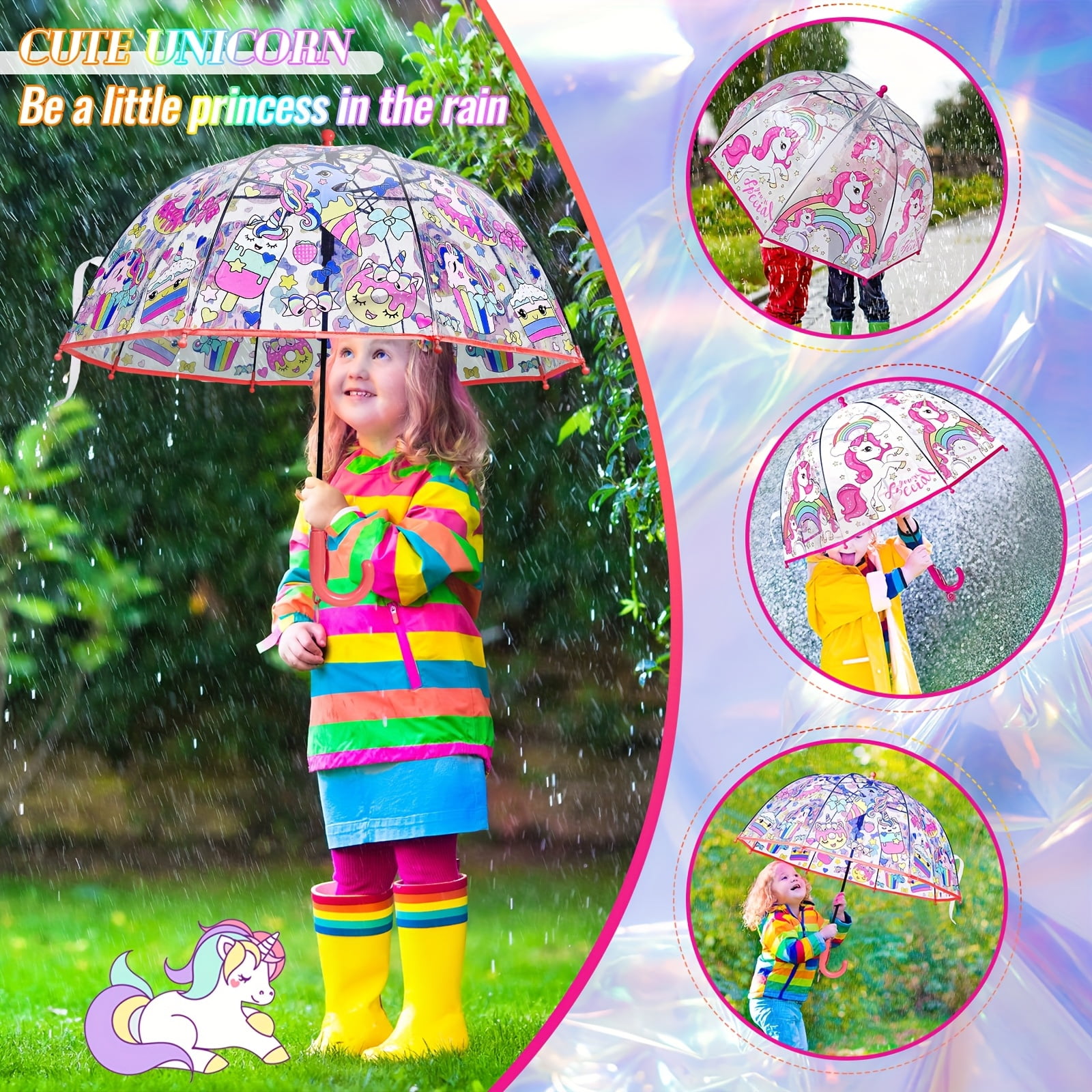 Room Decor 2pcs Outus Transparent Unicorn Bubble Umbrellas, Easy Grip Curved Handle, Water-Repellent, for Toddlers boys girls