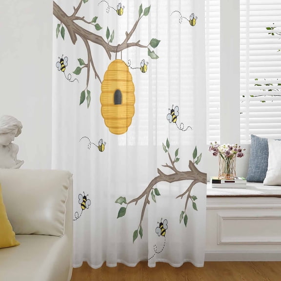 Bees Branches Semi Sheer Curtains Drapes for Living Room, Bedroom, French Doors Window 54 Inches Long, Farmhouse Spring Botanical Watercolor Rod Pocket Chiffon Curtain Drapery Voile Draperies Panel