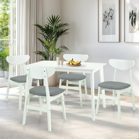 Dining Room Set of 4 Yumiko Chairs and Rectangular Dining Table Kitchen Modern Solid Wood w/Padded Seat, White Color with Light Gray Cushion