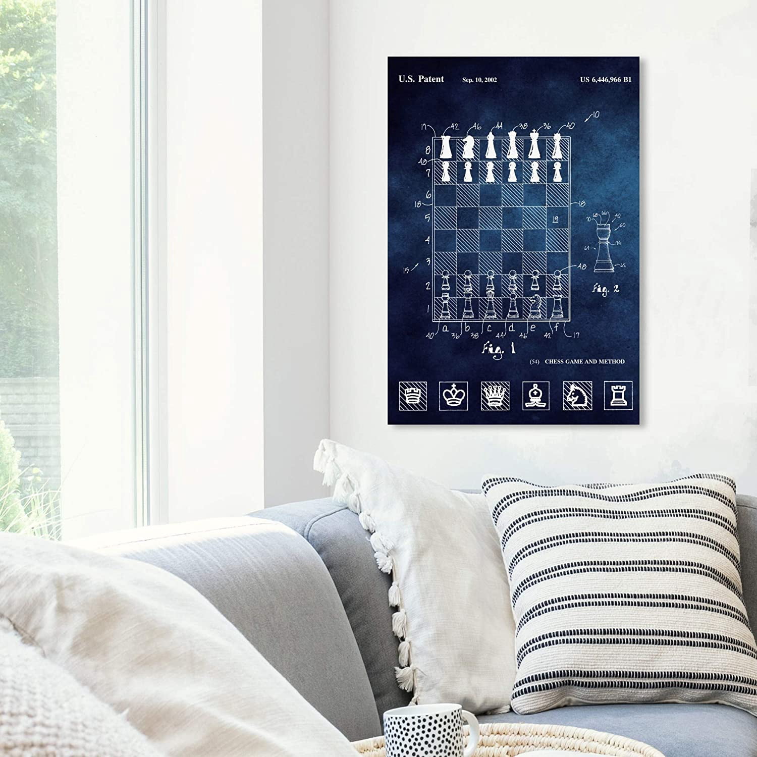 Wynwood Studio 'Chess Game and Method 2000 Blue Chalkboard' Entertainment and Hobbies Wall Art Canvas Print - Blue, White, 20" x 30"