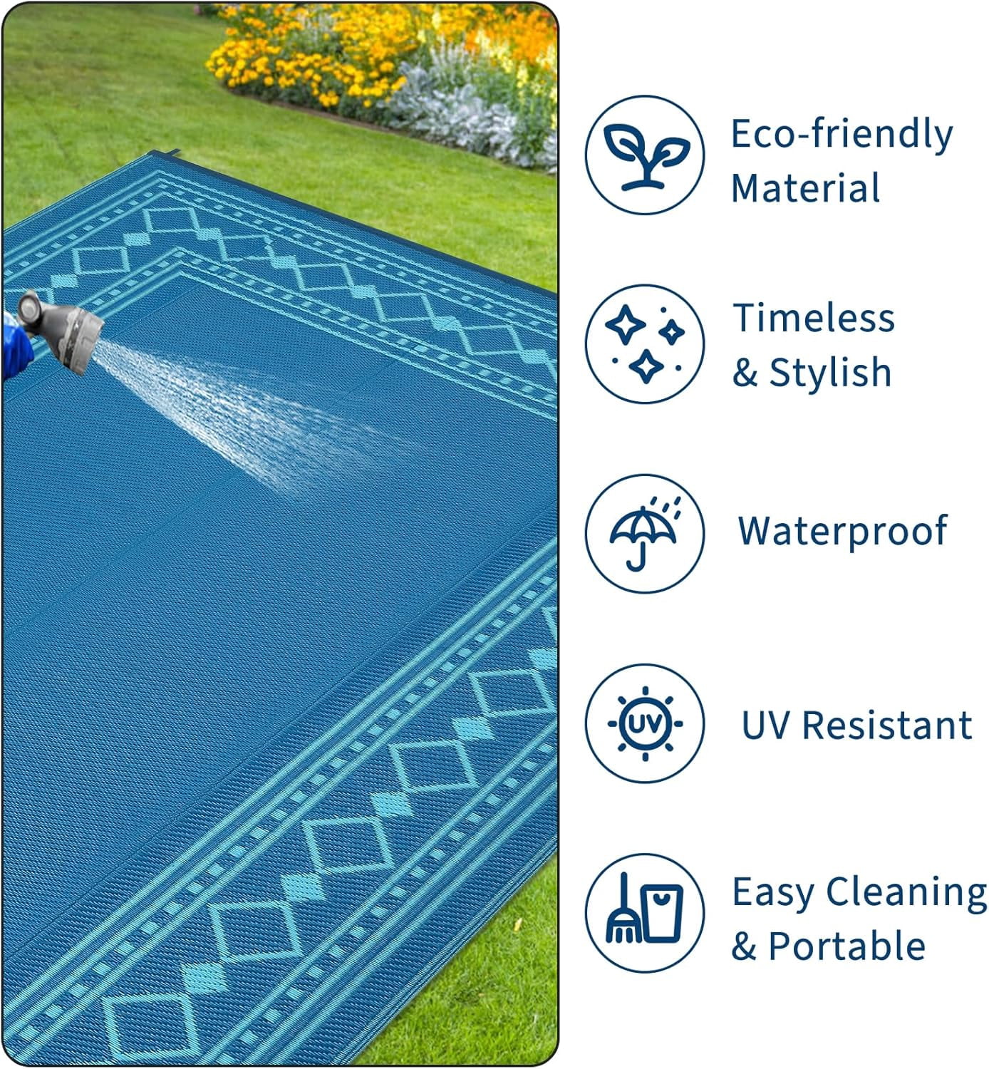 Memoryfield 9' x 18' Outdoor Rug Waterproof, Reversible Plastic Straw Patio Mat, Portable Rug for Deck, RV, Camping & Balcony, Blue