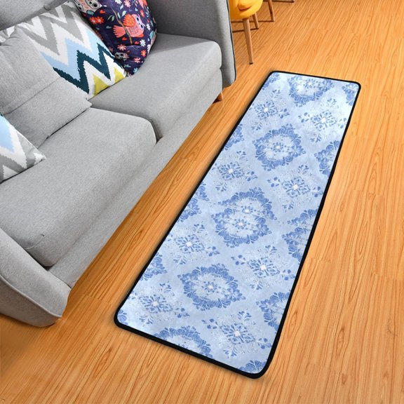 Christmas Symmetrical Blue Snowflakes Long Floor Mat Runner Rug Area Rug Carpet Water Absorbent Non-Slip 72" x 24"