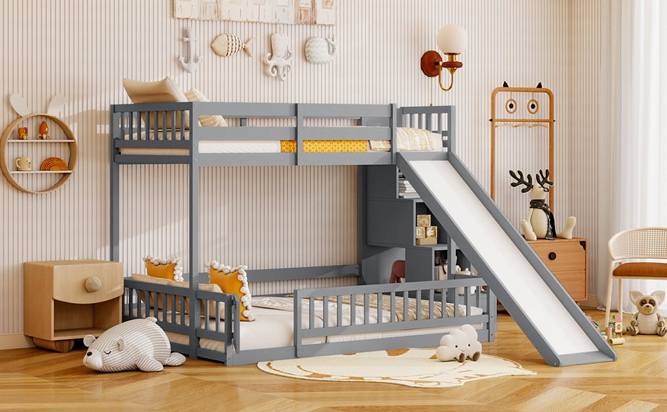 Mintazer Twin Over Full Bunk Bed with Slide & Storage Staircase, Kids Floor Bunk Bed with Guardrails, Gray