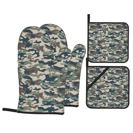 

Oven Mitts and Pot Holders 4 pcs Set Green Camouflage Print Heat Resistant Pot Holders Oven Mitts for kitchen Non-Slip Hanging Loop Oven Glove Potholders for Baking Cooking