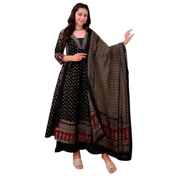 KLOSIA Women's Rayon Printed Anarkali Kurta and Pant with Dupatta Set - Indian Ethnic Traditional Wear Anarkali Kurta Set