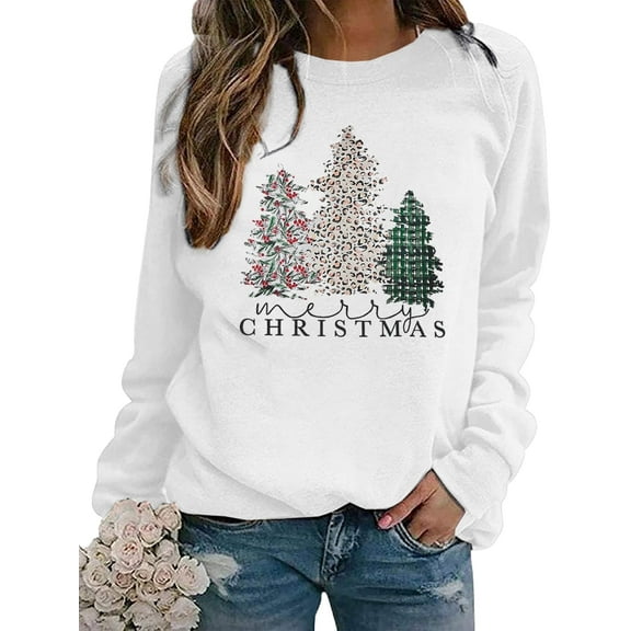 ALLTB Merry Christmas Sweatshirt for Women Long Sleeve Tree Pullover Graphic Lightweight Xmas Top