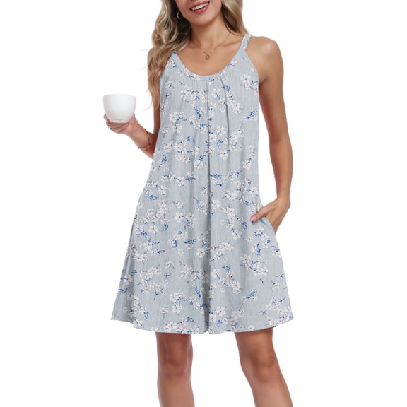 DreamFish Women's Sleeveless Nightgown Pleated Sleep Dress with Pockets Soft Scoop Neck Sleepwear Sizes M-3XL