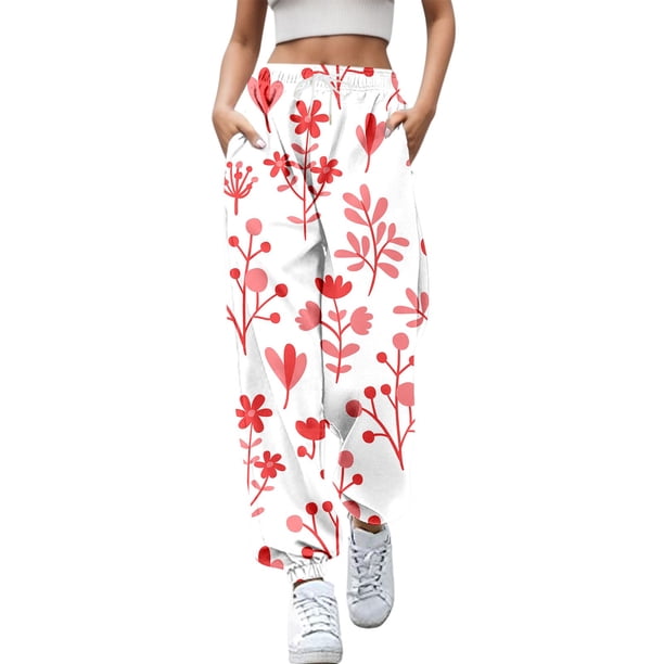 Gibobby pantalones de pana para mujer Pantalón deportivo sanitario con estampado floral y cintura elástica larga informal para mujer (Rojo, M)