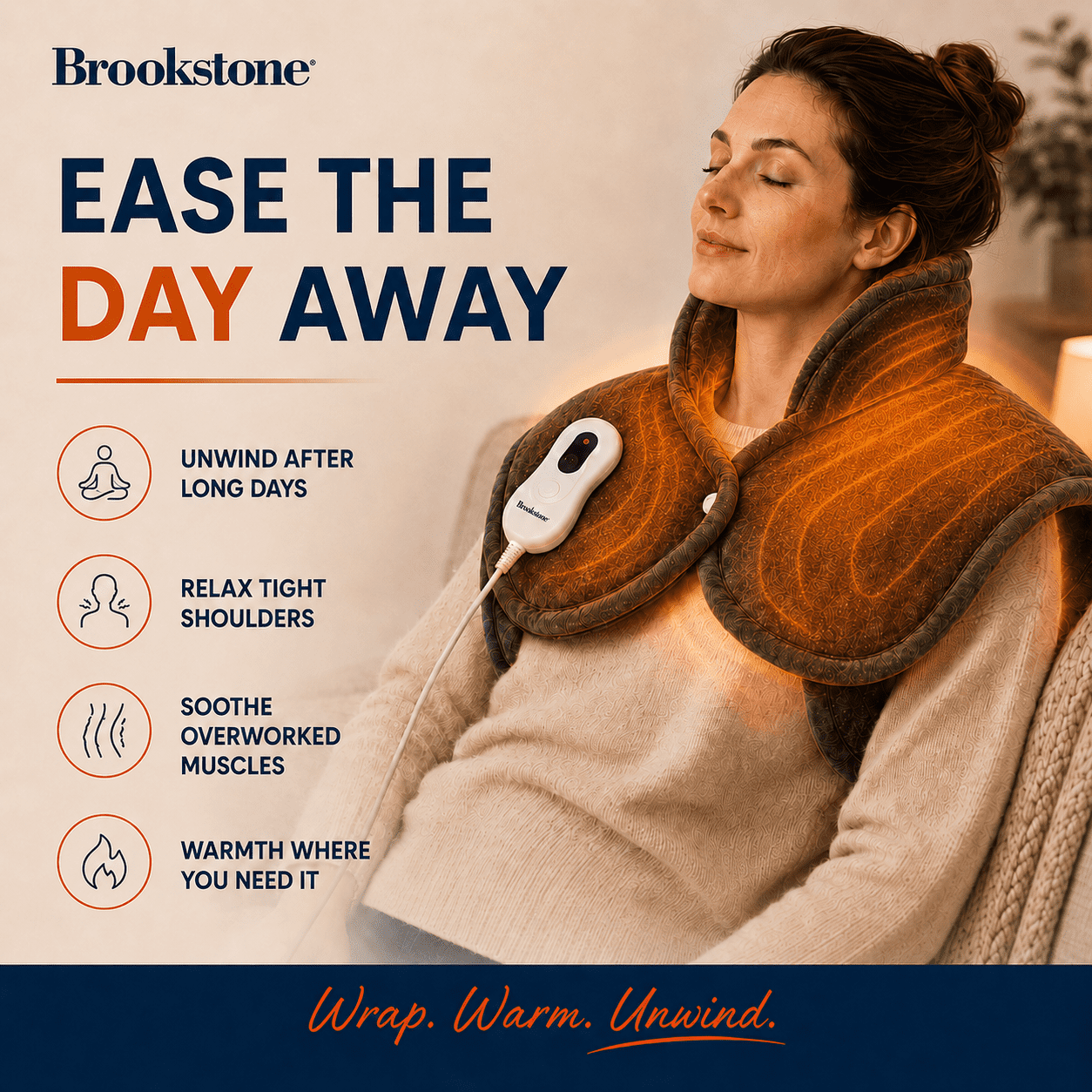 Brookstone Heated Weighted Neck & Shoulder Pad – 21” x 22" Electric Heating Pad for Neck, Shoulders & Upper Back, 4 Heat Settings, LCD Controller, Soft Plush Fabric, 2-Hour Auto Shut-Off