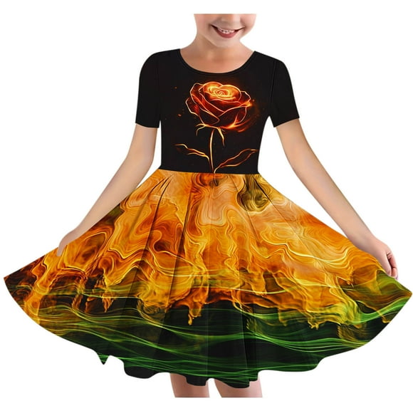 QIPOPIQ Girl's Summer Van Gogh Art 3D Print Crewneck Short Sleeve T-Shirt Swing Dress Clearance