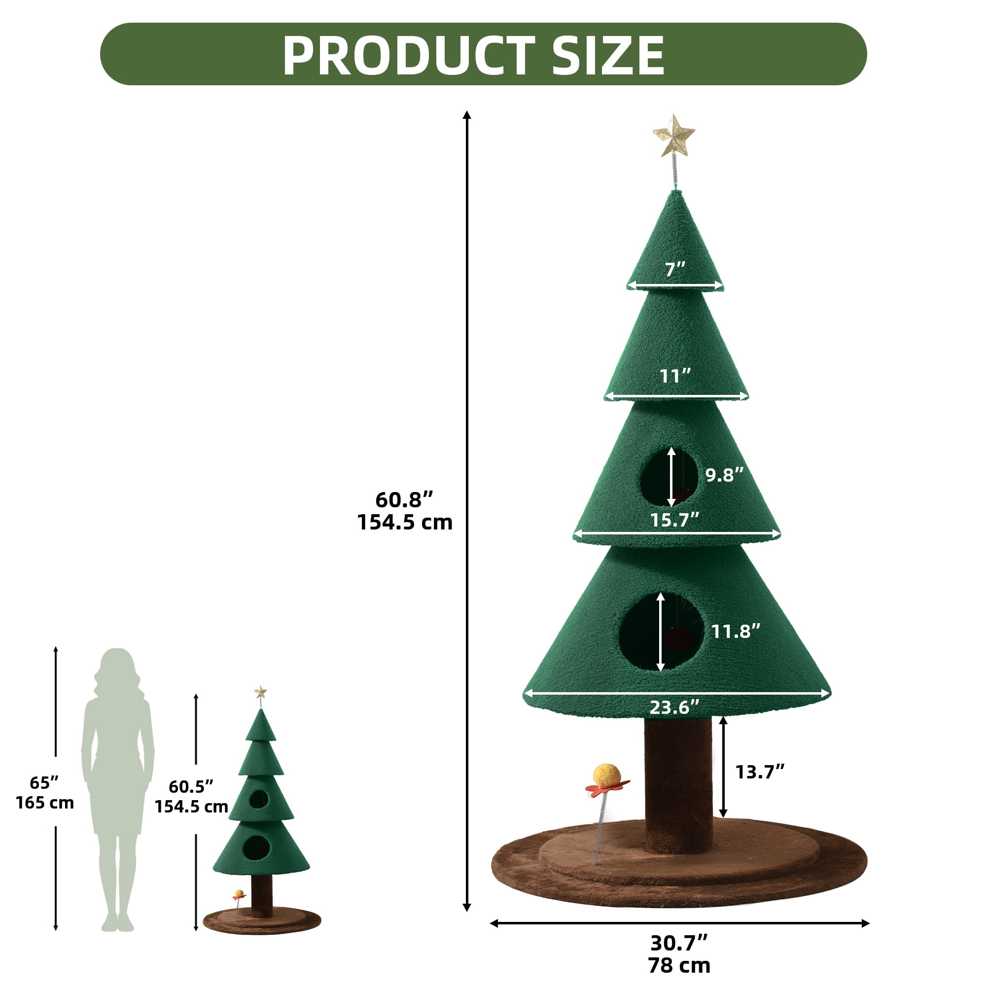 Dextrus 60in Large Christmas cat Tree, Indoor Cat Tower with 2 Condos & Flower Shaped Cat Teasing Stick ,Green