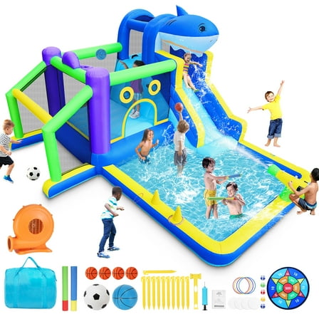 Letsgokid Water Slide Bounce House, Inflatable Bounce House for Kids Backyard Outdoor & Indoor, Jumping Bouncy Castle with Blower, Basketball Hoop, Splash Pool, Climbing Wall, Dart Game, Storage Bag