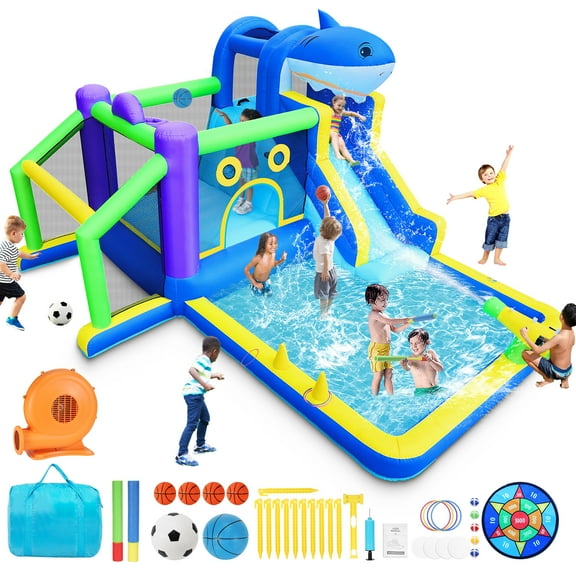 Letsgokid Water Slide Bounce House, Inflatable Bounce House for Kids Backyard Outdoor & Indoor, Jumping Bouncy Castle with Blower, Basketball Hoop, Splash Pool, Climbing Wall, Dart Game, Storage Bag
