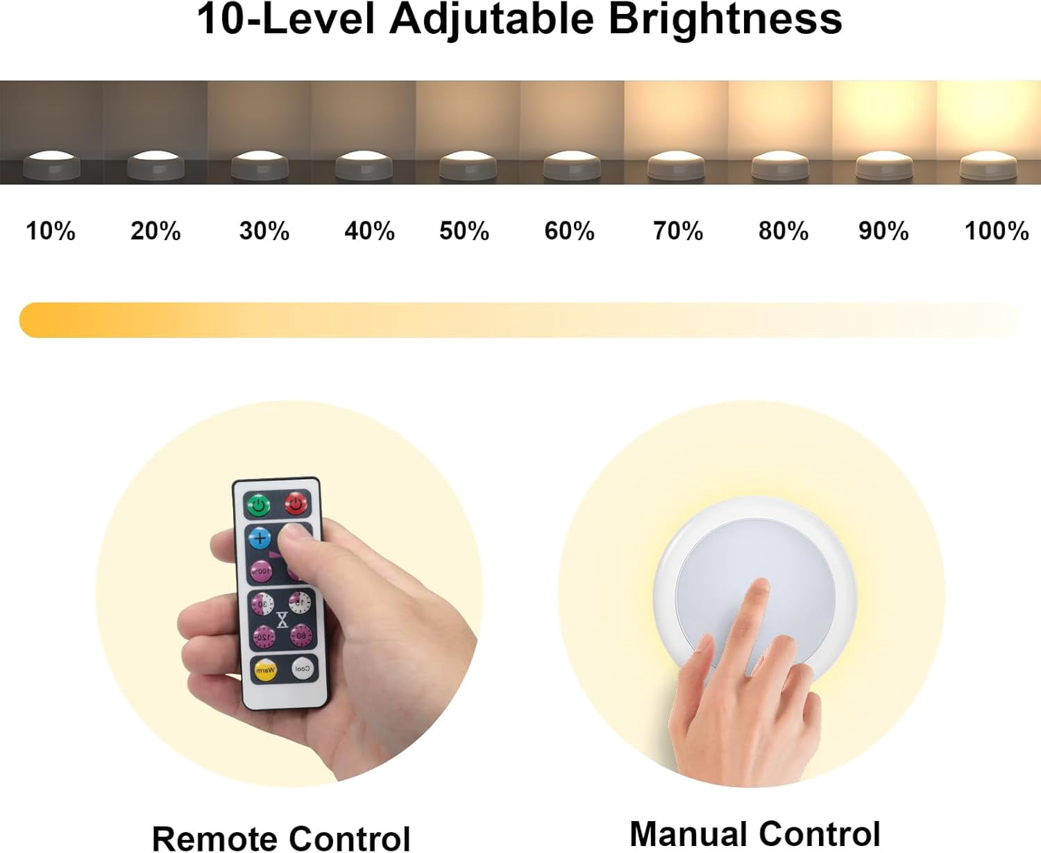 JJEAN-Battery Operated Puck Litghts with Remote Warm Natual Cool White Three Color Wireless Under Cabinet Lighting Push Lights Stick On Tap Lights with Dimmer & Timmer for Bedroom, Closet