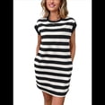 thumbnail image 3 of Vestidos de Verano A Rayas para Mujer 2025, Cuello Redondo, Corta, Bloque de Color, Vestido Informal Tipo Camiseta con Bolsillos, Negro, Talla S, 3 of 9