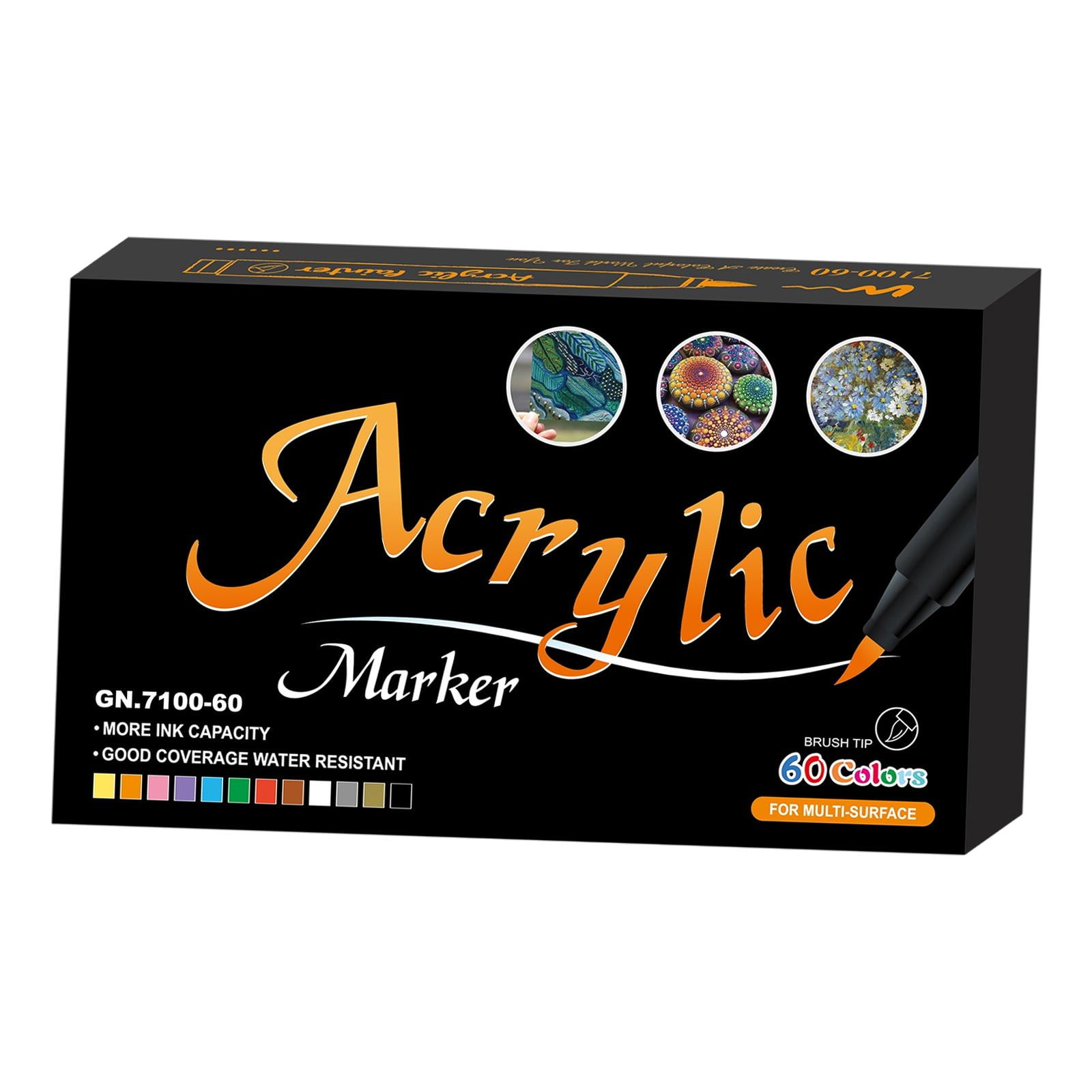 Acrylic Paint Markers Set Waterproof Art Supplies Assorted Colors Acrylic Paint Pens with Brush Tip for Painting Canvas Crafting Stones Rock 60 Colors