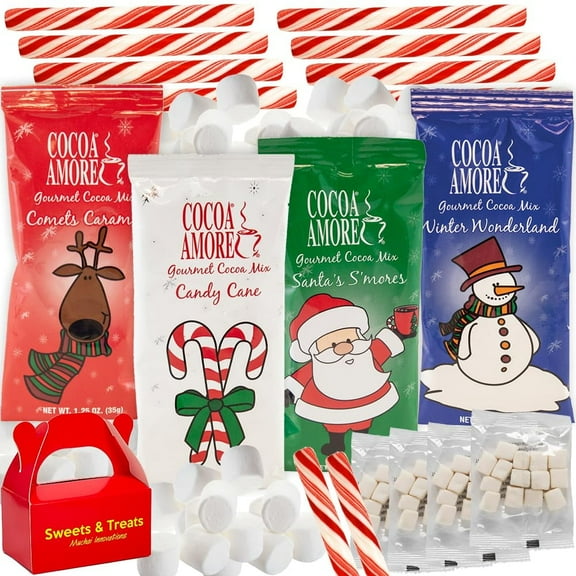 Hot Chocolate Gift Basket – Premium Cocoa with Peppermint Stirrers, Mini Marshmallows, Candy Cane, Caramel, S’mores & Santa Flavors – Holiday, Fall, Birthday, Thank You Gift (Original Pack)