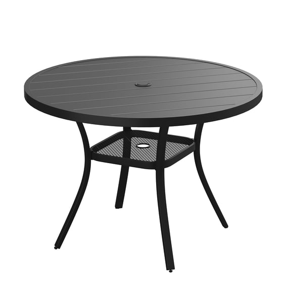 DIFY 40" Round Metal Patio Dining Table for 4, with Storage Shelf & Umbrella Hole, Black