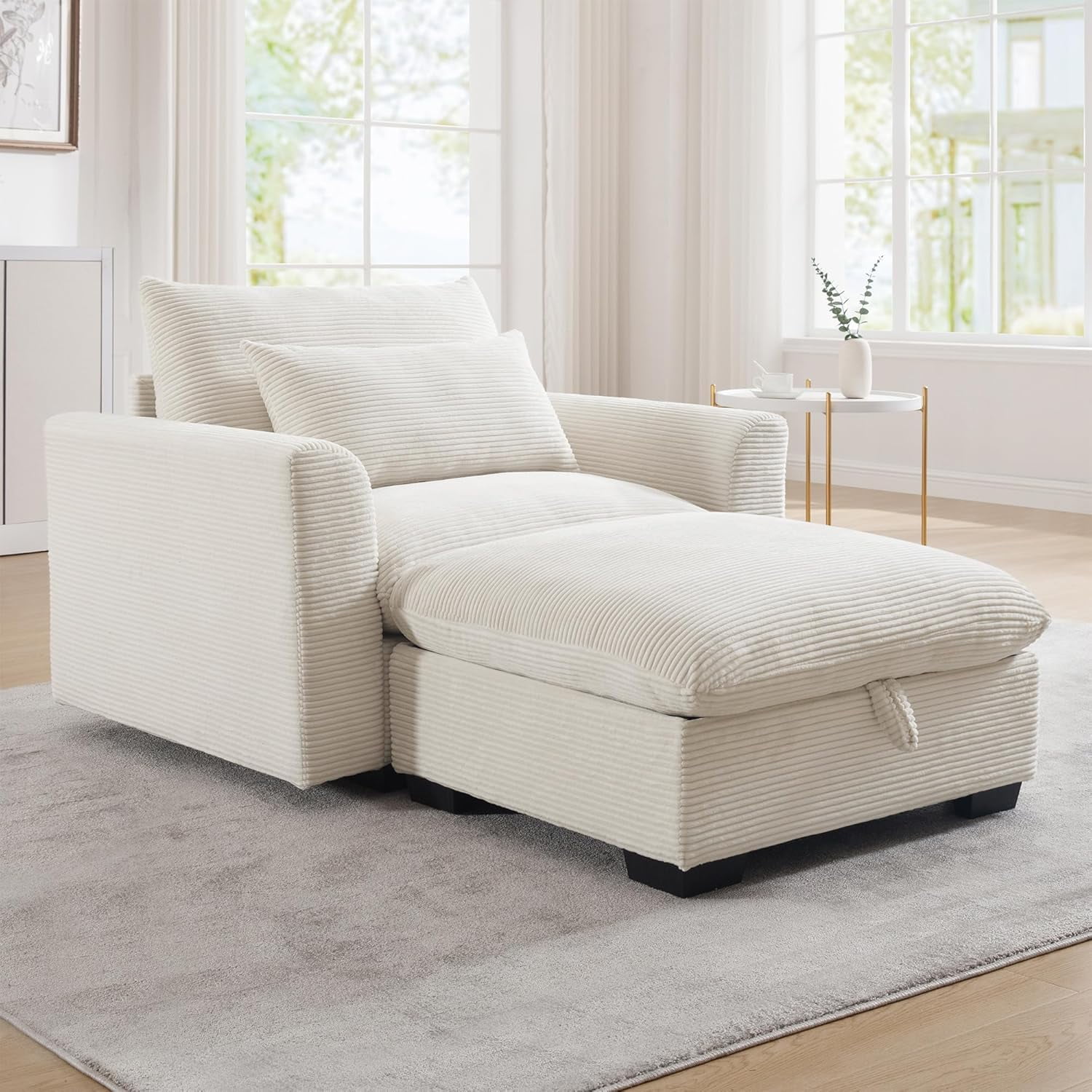 Oversized Accent Chair with Ottoman, 51'' Wide Modern Chair and A Half, Comfy Corduroy Chaise Lounge Chair Indoor, Upholstered Deep Seat Single Sofa Armchair for Living Room Bedroom Apartment, Beige