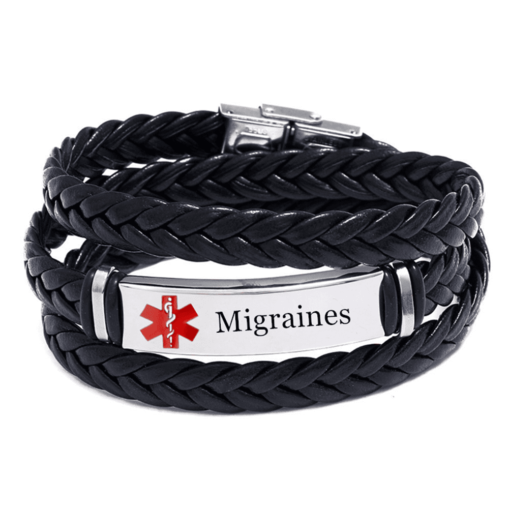 Personalized Medical Alert ID Migraines Wrap Leather Bracelet for Men