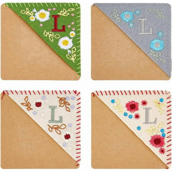 4Pcs 4 Style Felt Embroidery Bookmarks Corner Page Marker with Kraft Paper Season Theme Square Letter L 96x96x3mm 1pc/style