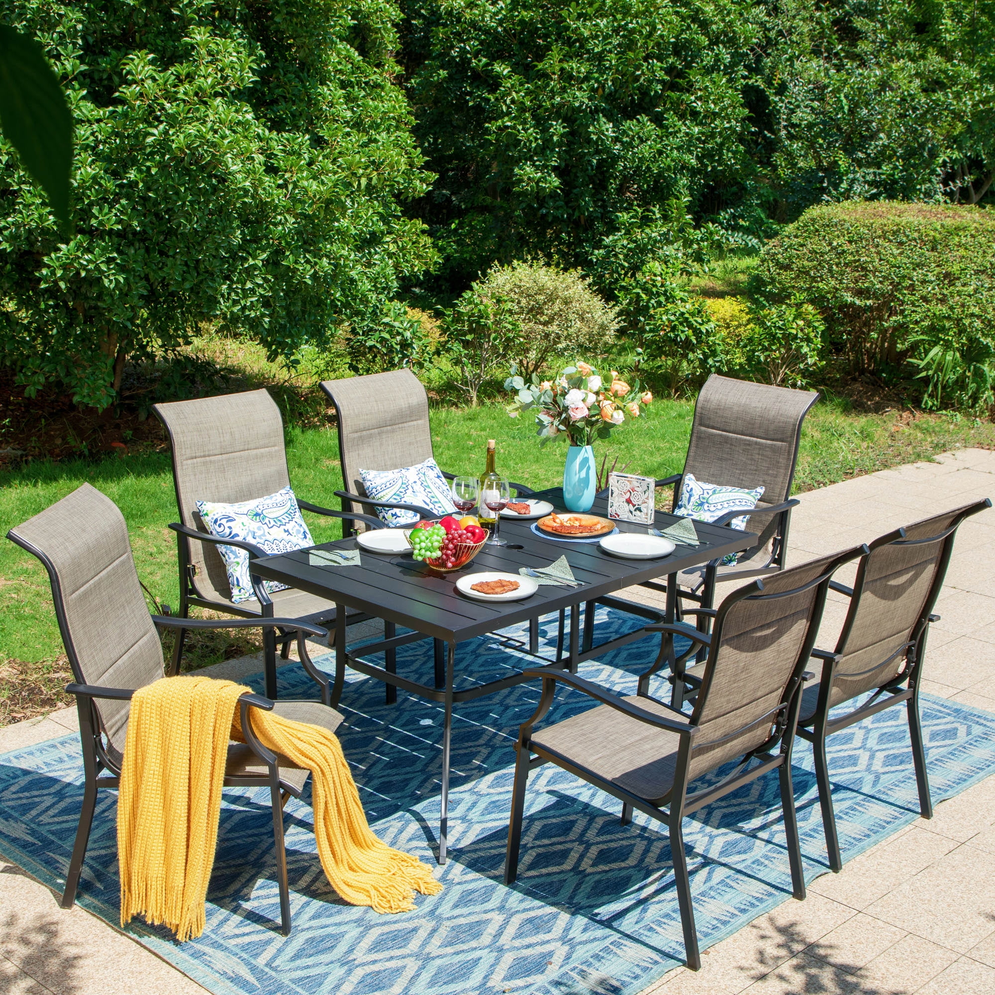 SUMMIT LIVING 2-Piece High-Back Outdoor Patio Dining Chairs with Quick-Dry Padded Textilene, Black & Gray-brown