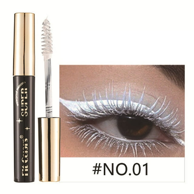 rímel colores rímel ojos color rímel secado rápido pestañas rizado alargamiento maquillaje alargamiento de ojos, lifting, el rímel Color A Mychoice tubo negro con tapa dorada y aplicador de cepillo transparente; recuadro de ojo con pestañas cubiertas en tono claro mostrando alargamiento y separación, texto "#NO.01" visible; a menudo usado para maquillaje de espectáculo o fiestas.