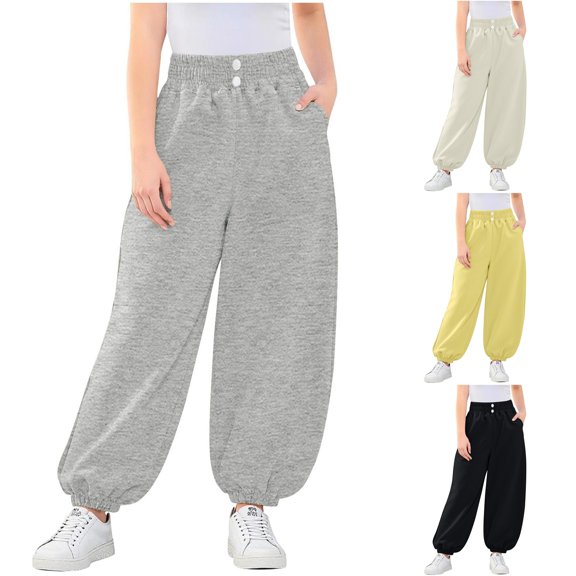 YAYUBA Girl's Balloon Pants Baggy Sweatpants Lantern Trousers Wide Leg Elastic Waist School Joggers Cotton Lounge Pants, Grey, 9-10 Years