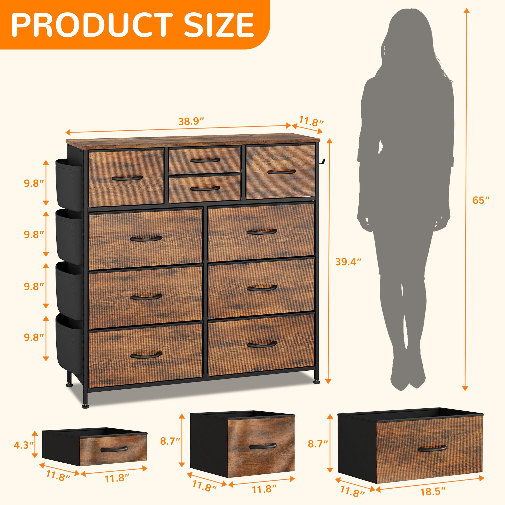 LainTene 10 Drawer Dresser, Fabric Dressers for Bedroom, Modern Storage Chest of Drawer with Side Pockets for Home Entryway, Guest Room, Small Spaces, Rustic Brown