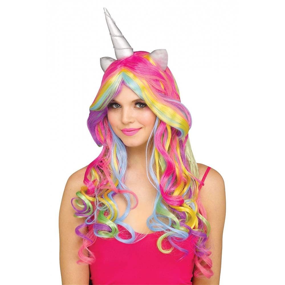Horn Carnival Fun Fancy Dress Costume Outfit Wig Ladies Long Rainbow Unicorn 