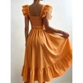 thumbnail image 2 of Orange Red Striped Ruffle Square Neck Womens Dress, Elegant Vacation Party, 2 of 4