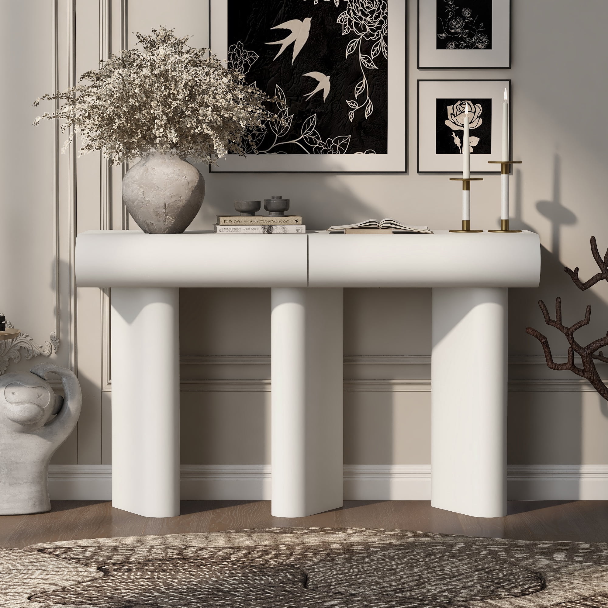 Euroco 47.6" Modern Console Table with 2 Curved Drawers,Narrow Sofa Table Entryway Table with Geometric Legs for Living Room,Foyer,Small Apartments,White